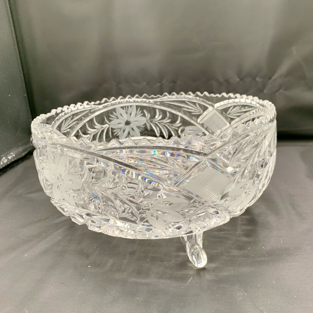 Vintage Crystal Footed Fruit Bowl Heavy Deep Cut